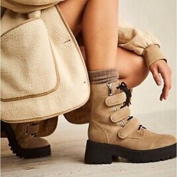 Free People Beige Latte Suede Emmet Lace Up Velcro Strap Up Boots Size 8 - Picture 8 of 8